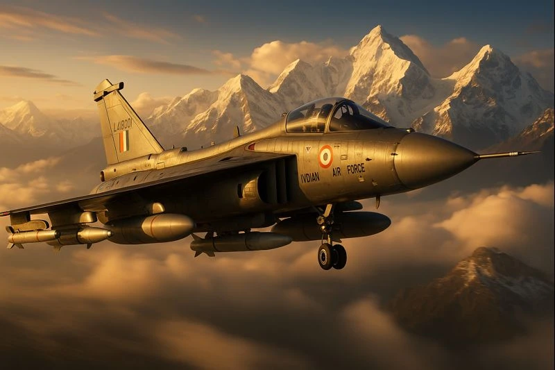 Indian Air Force LCA Tejas Mk-1A fighter jet soaring over the Himalayas, armed with indigenous Astra BVR missiles and equipped with an AESA radar nose cone.