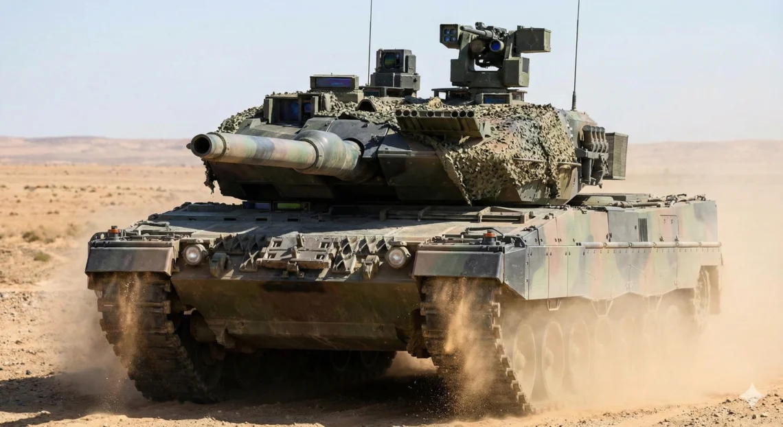 A front-view of the German Leopard 2A7+ Main Battle Tank (MBT) maneuvering in desert terrain. The image highlights the Rheinmetall 120mm L55A1 smoothbore gun, modular add-on armor for urban protection, and the FLW 200 remote weapon station on the turret.