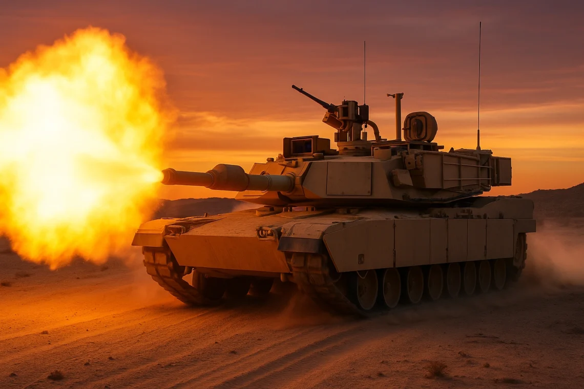 A US Army M1A2 SEPv3 Abrams tank in tan desert camouflage firing its 120mm main gun during a sunset exercise. A massive muzzle flash and dust cloud are visible. The tank's turret is fitted with the Trophy Active Protection System radar panels and countermeasure launchers. Tracks are kicking up sand as the tank moves.