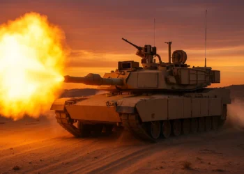 A US Army M1A2 SEPv3 Abrams tank in tan desert camouflage firing its 120mm main gun during a sunset exercise. A massive muzzle flash and dust cloud are visible. The tank's turret is fitted with the Trophy Active Protection System radar panels and countermeasure launchers. Tracks are kicking up sand as the tank moves.