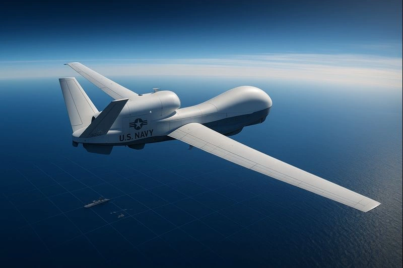 US Navy MQ-4C Triton drone flying high altitude surveillance mission over the ocean