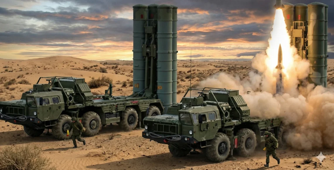 A Russian S-500 Prometheus air defense system conducting a missile test launch in a desert environment during sunset.