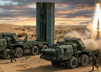 A Russian S-500 Prometheus air defense system conducting a missile test launch in a desert environment during sunset.