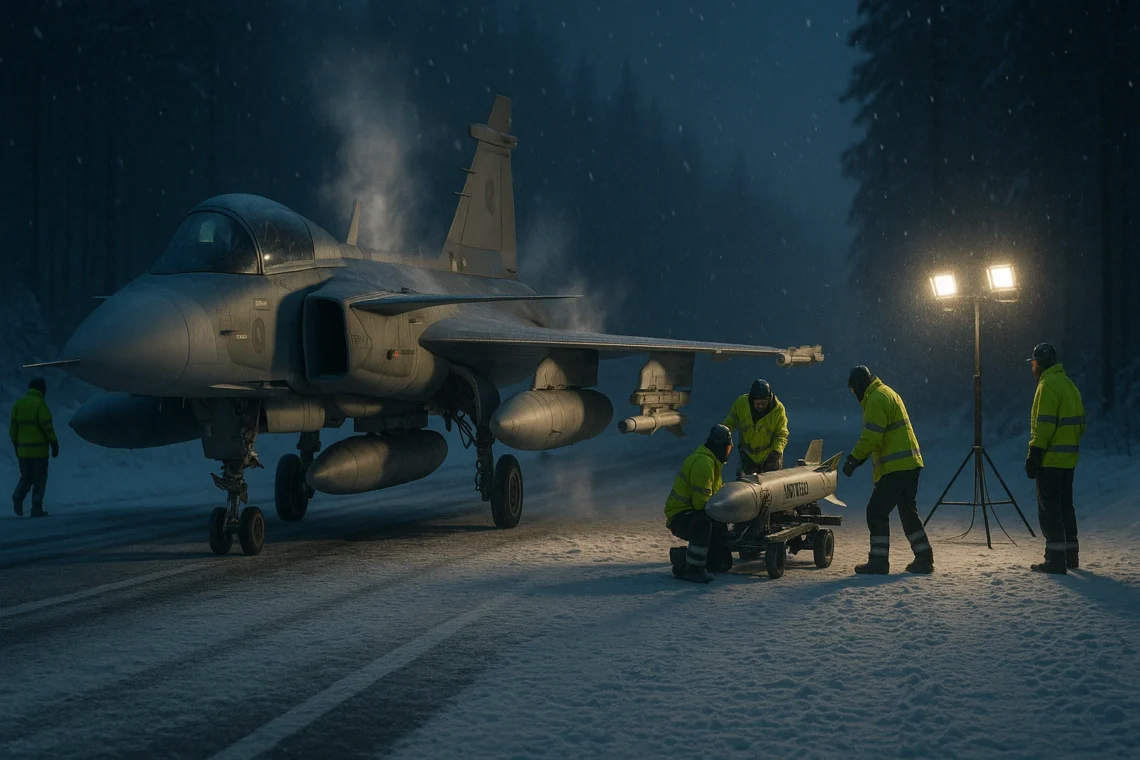 Saab Gripen E fighter jet being rearmed on a snowy highway base by ground crew