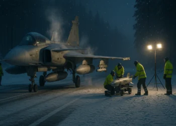 Saab Gripen E fighter jet being rearmed on a snowy highway base by ground crew