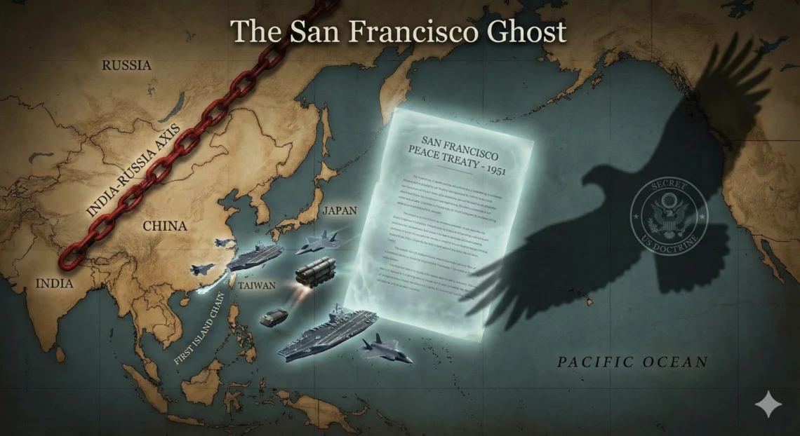 A strategic illustration combining the text of the 1951 San Francisco Peace Treaty with a modern map of the Indo-Pacific. The visual highlights the legal void regarding Taiwan's status, the US 'Offshore Balancing' strategy lines, and the emerging India-Russia defense axis challenging the post-WWII order.