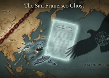 A strategic illustration combining the text of the 1951 San Francisco Peace Treaty with a modern map of the Indo-Pacific. The visual highlights the legal void regarding Taiwan's status, the US 'Offshore Balancing' strategy lines, and the emerging India-Russia defense axis challenging the post-WWII order.