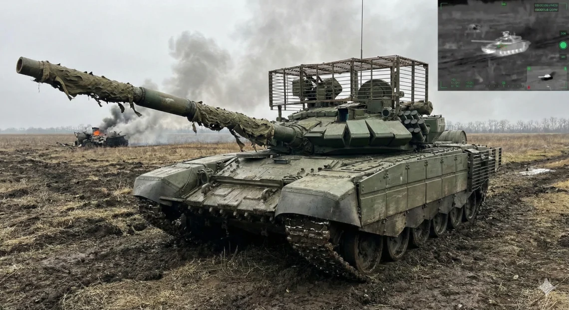 A Russian T-90M Proryv-3 Main Battle Tank maneuvering through muddy terrain in Ukraine. The tank is equipped with Relikt Explosive Reactive Armor (ERA) and covered in the Nakidka radar-absorbent camouflage system to reduce thermal signature against drones.