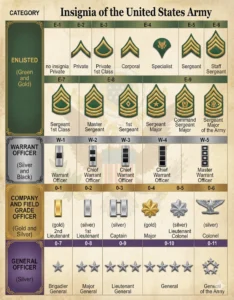 Complete chart of US Army Ranks and Insignia from Private (E-1) to General (O-10), showing stripes, bars, and stars