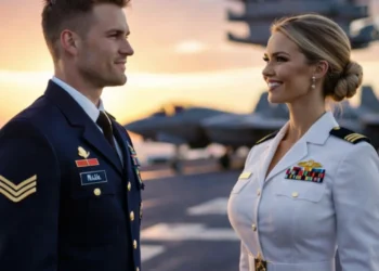 A cinematic photograph of a blonde US Army Sergeant in dress blues and a female US Navy Lieutenant in dress whites standing on an aircraft carrier flight deck during a golden hour sunset. F-35 jets and the carrier superstructure are visible in the background.