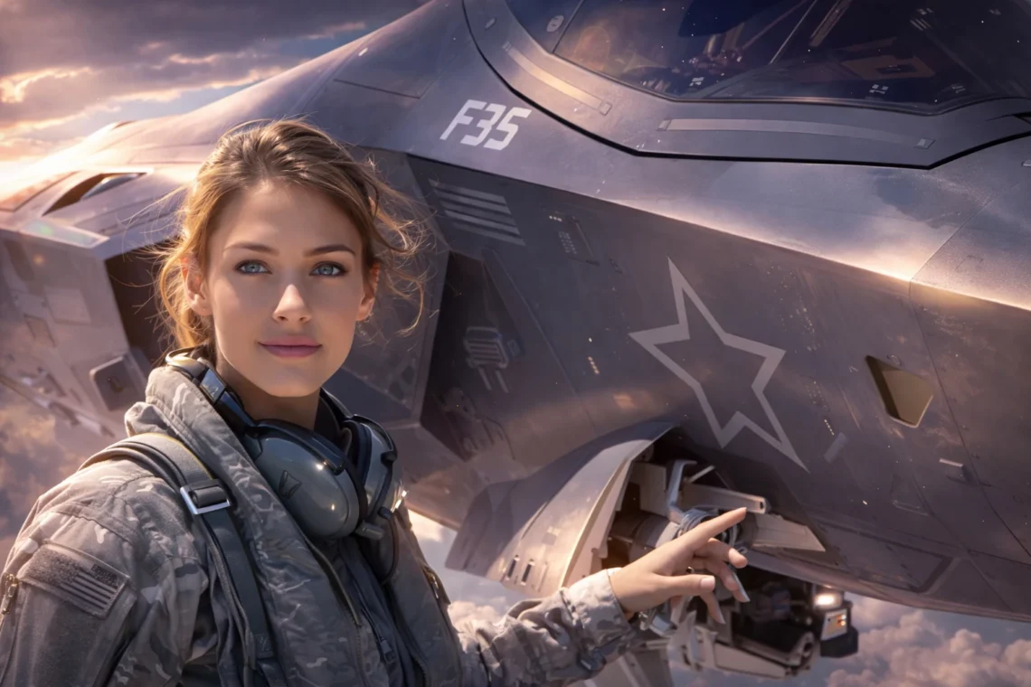 A female F-35 Lightning II fighter pilot in flight gear standing next to the cockpit of the stealth aircraft during sunset.