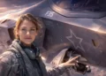 A female F-35 Lightning II fighter pilot in flight gear standing next to the cockpit of the stealth aircraft during sunset.