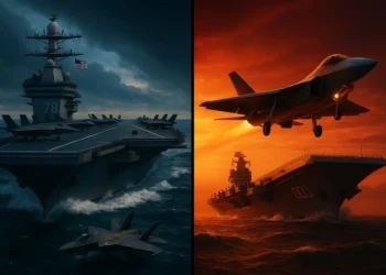 Split-screen illustration comparing the USS Gerald R. Ford (left) and China's Type 003 Fujian (right) aircraft carriers at sea.