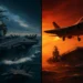 Split-screen illustration comparing the USS Gerald R. Ford (left) and China's Type 003 Fujian (right) aircraft carriers at sea.