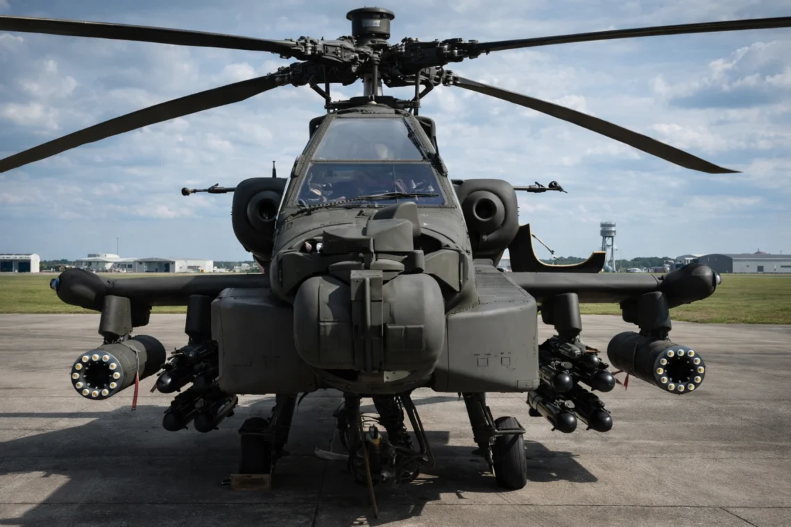 Front view of a US Army AH-64E Apache Guardian attack helicopter armed with Hellfire missiles and 30mm cannon, featuring the mast-mounted Longbow radar.