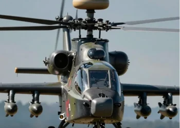 Russian Ka-52 Alligator attack helicopter front view with missiles.