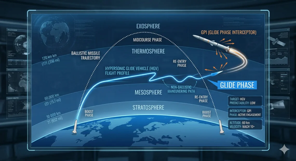 igh-technical military infographic comparing a Hypersonic Glide Vehicle (HGV) non-ballistic flight profile with a traditional ballistic missile trajectory. The visual highlights the "Glide Phase" in the upper atmosphere and depicts a Glide Phase Interceptor (GPI) maneuvering for engagement.