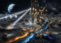 A massive industrial mining facility established on the lunar surface; featuring a drill rig boring into regolith, conveyor belts carrying glowing rare earth elements, solar mirrors, and a view of planet Earth on the horizon.