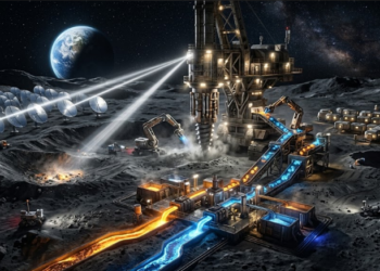 A massive industrial mining facility established on the lunar surface; featuring a drill rig boring into regolith, conveyor belts carrying glowing rare earth elements, solar mirrors, and a view of planet Earth on the horizon.