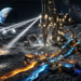A massive industrial mining facility established on the lunar surface; featuring a drill rig boring into regolith, conveyor belts carrying glowing rare earth elements, solar mirrors, and a view of planet Earth on the horizon.