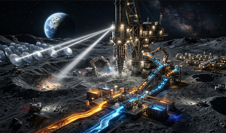 A massive industrial mining facility established on the lunar surface; featuring a drill rig boring into regolith, conveyor belts carrying glowing rare earth elements, solar mirrors, and a view of planet Earth on the horizon.
