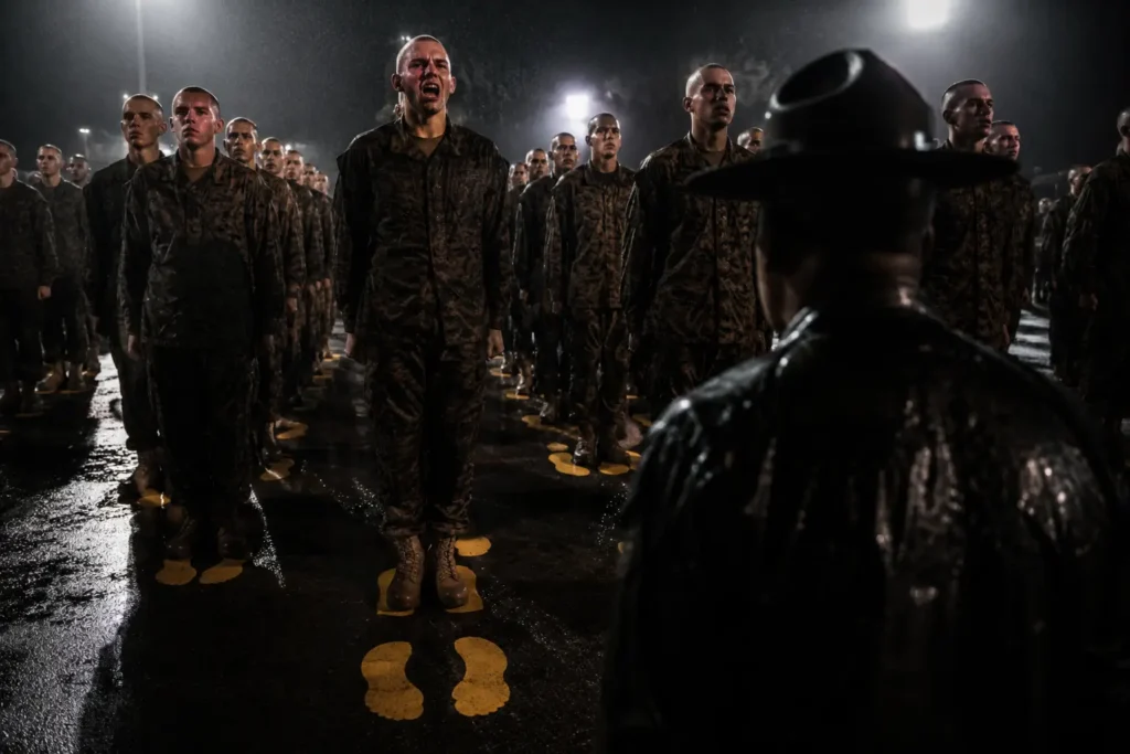 US Marine Corps recruits standing on the Yellow Footprints at night while a Drill Instructor watches under harsh floodlights during boot camp training