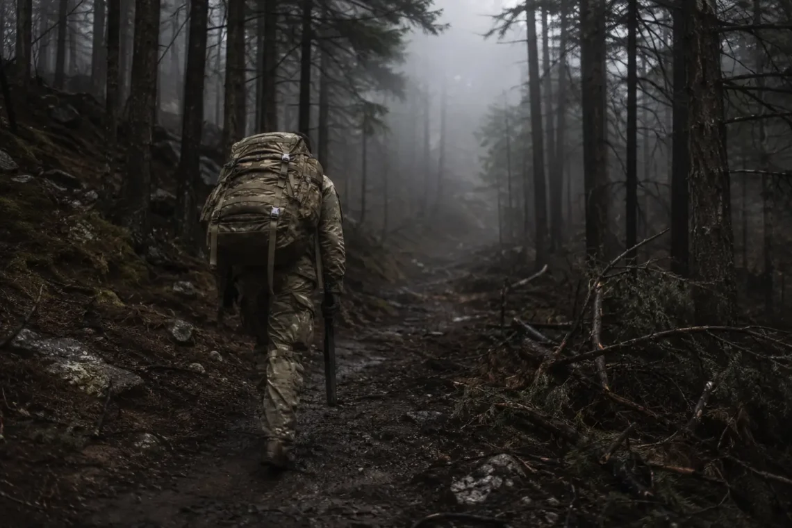 Exhausted soldier carrying a heavy ruck walks alone into a dark foggy forest after failing Special Forces Assessment and Selection (SFAS)