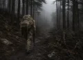 Exhausted soldier carrying a heavy ruck walks alone into a dark foggy forest after failing Special Forces Assessment and Selection (SFAS)