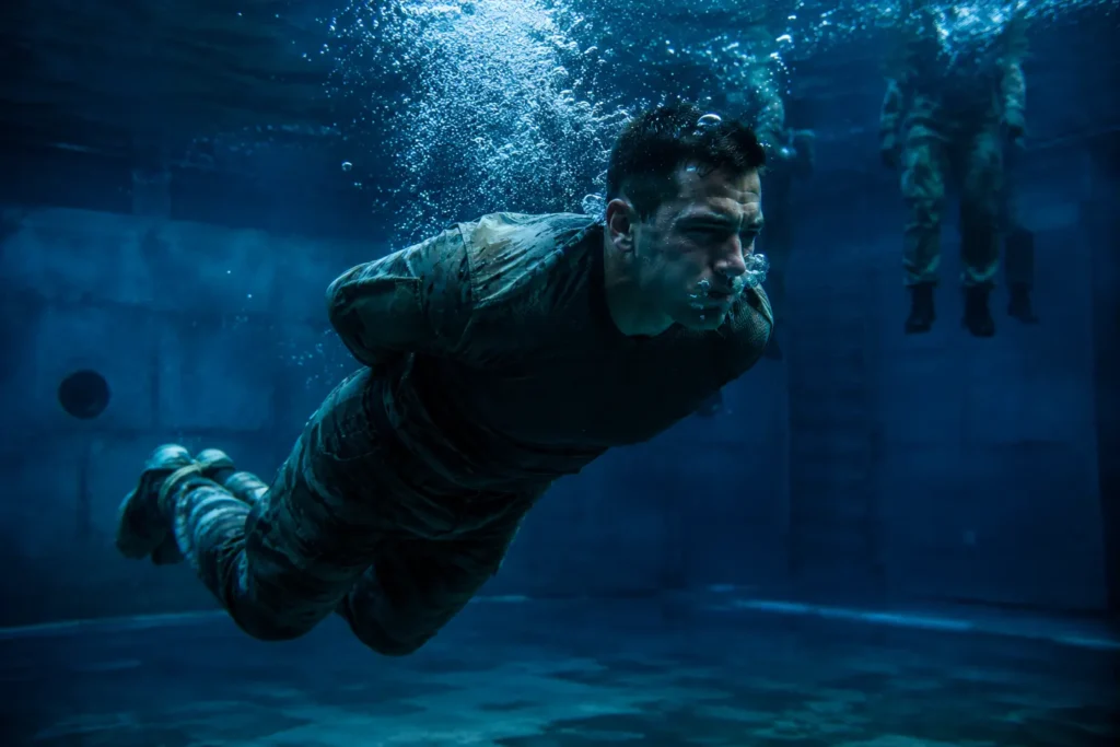 Special Operations diver undergoing underwater drown-proofing training with hands and feet tied inside a deep military training pool