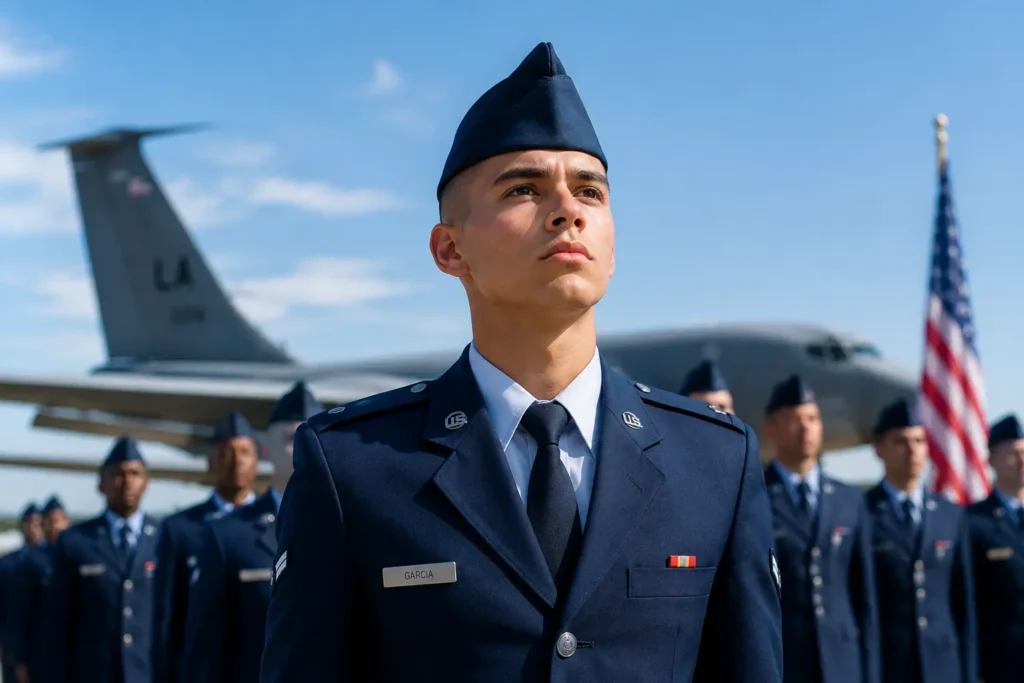 US Air Force recruit standing in formation during graduation at Lackland Air Force Base with military aircraft in the background