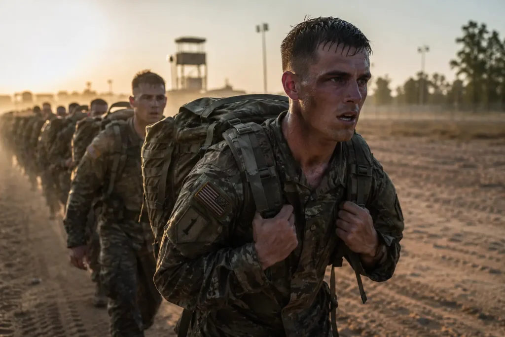 US Army recruits carrying heavy rucks during an intense sunrise ruck march in basic training with sweat, dust, and military base in background