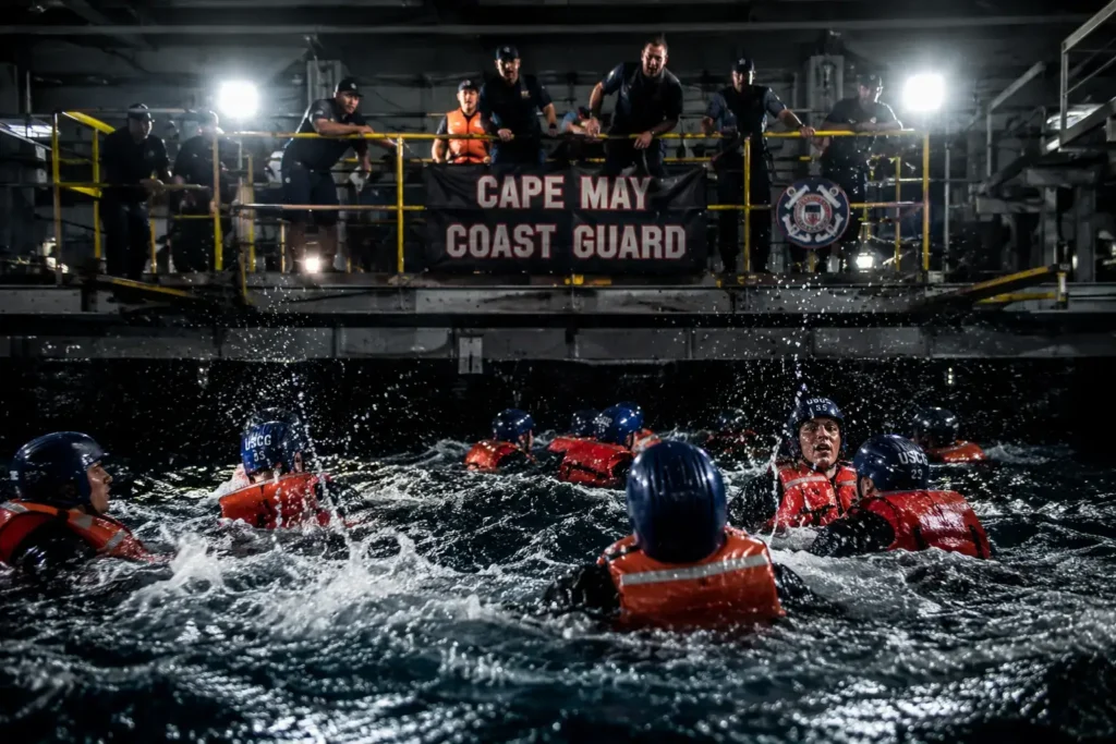 US Coast Guard recruits during water survival training at Cape May, treading water in full gear under intense wave simulation and drill instructor supervision