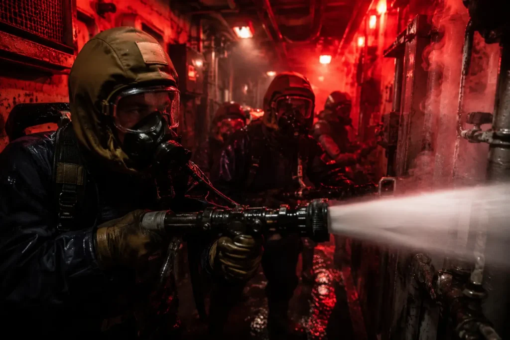US Navy recruits in full protective gear fighting a simulated ship fire during Battle Stations-21 training under red emergency lights and steam