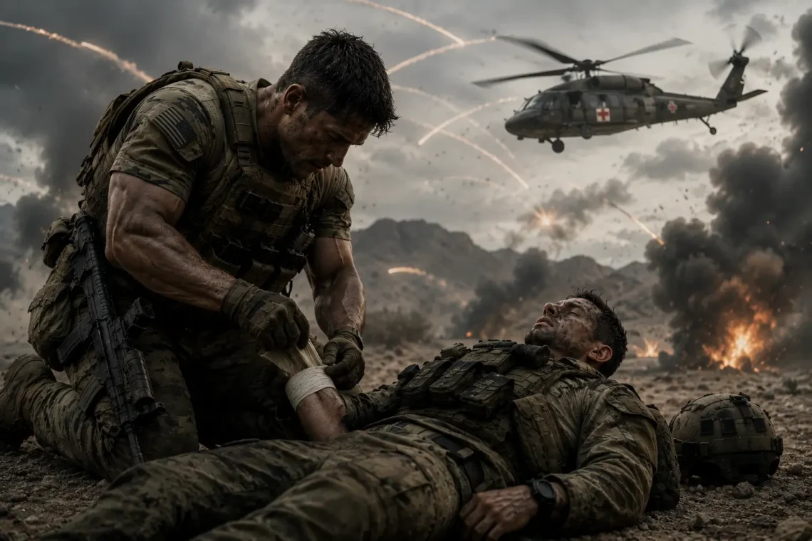 Battlefield combat medic treating a wounded soldier under active artillery fire while a military medical evacuation helicopter approaches overhead