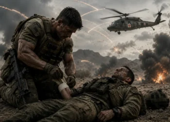 Battlefield combat medic treating a wounded soldier under active artillery fire while a military medical evacuation helicopter approaches overhead