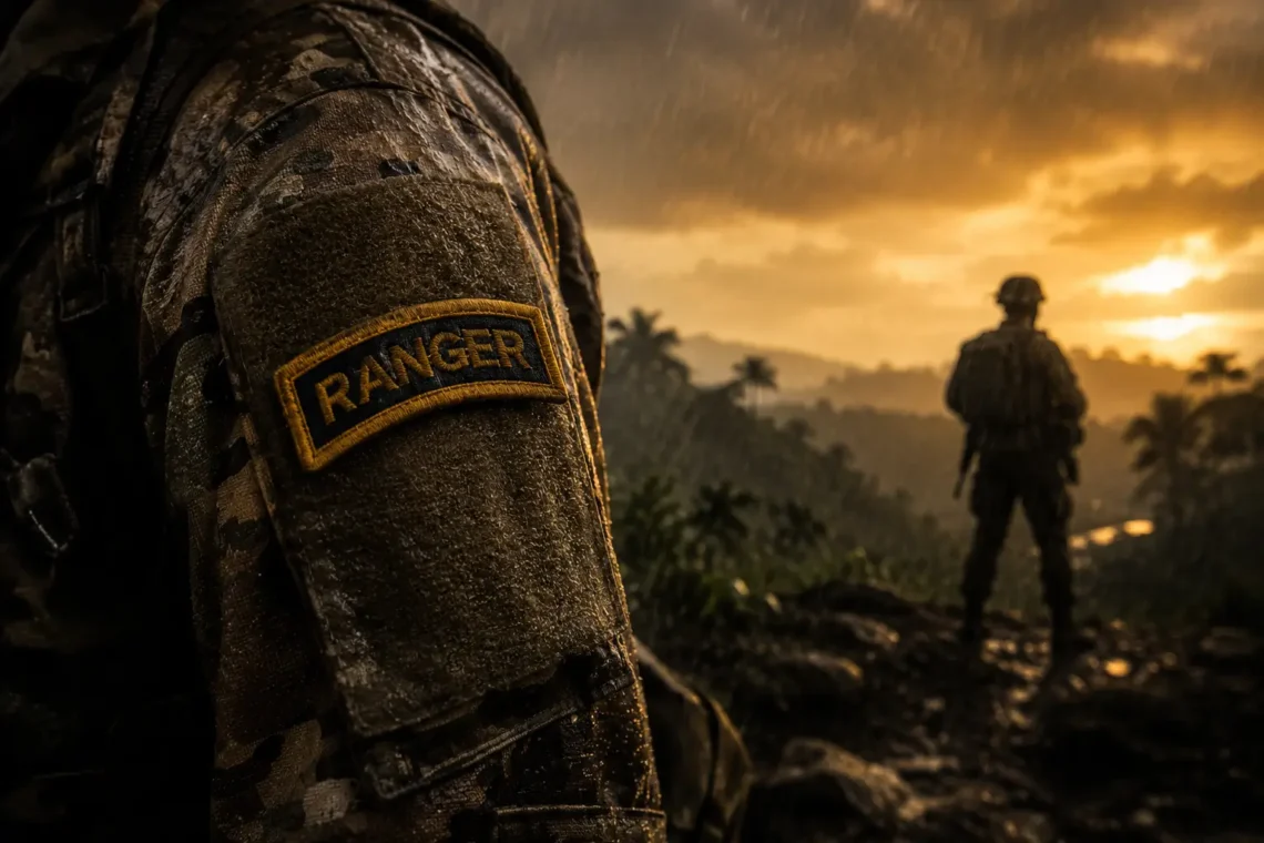 Close-up of an authentic U.S. Army Ranger Tab on a weathered OCP uniform during the Florida Phase of Ranger School, symbolizing resilience, leadership, and the demanding Ranger School attrition process.