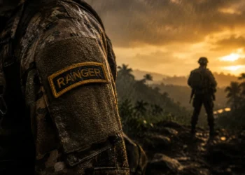 Close-up of an authentic U.S. Army Ranger Tab on a weathered OCP uniform during the Florida Phase of Ranger School, symbolizing resilience, leadership, and the demanding Ranger School attrition process.