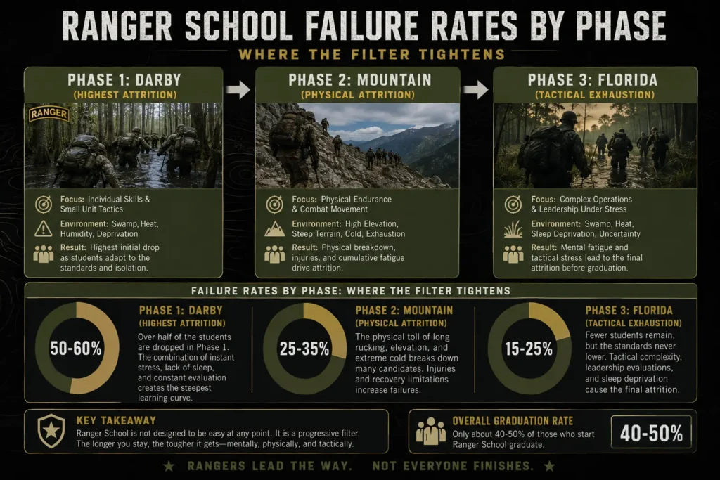 Infographic showing Ranger School failure rates by phase, comparing Darby, Mountain, and Florida phases with key attrition factors, physical demands, tactical challenges, and estimated washout rates throughout the U.S. Army Ranger School pipeline.